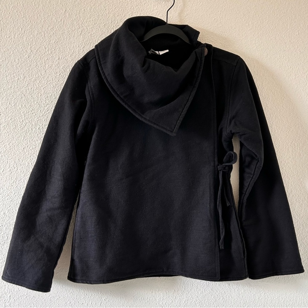 Nepal Wrap Tie Over Sized Collar Fleece Lined Jacket Black Women Size Medium